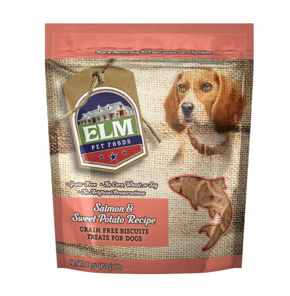 ELM Pet Food Salmon and Sweet Potato Recipe Grain Free Biscuits Treats for Dogs