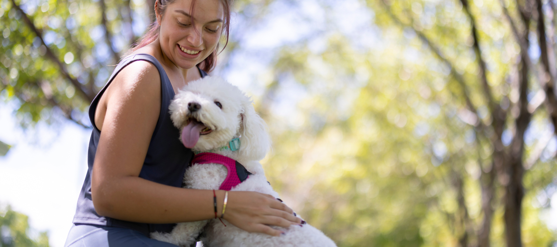 An owner hugging her small dog outdoors